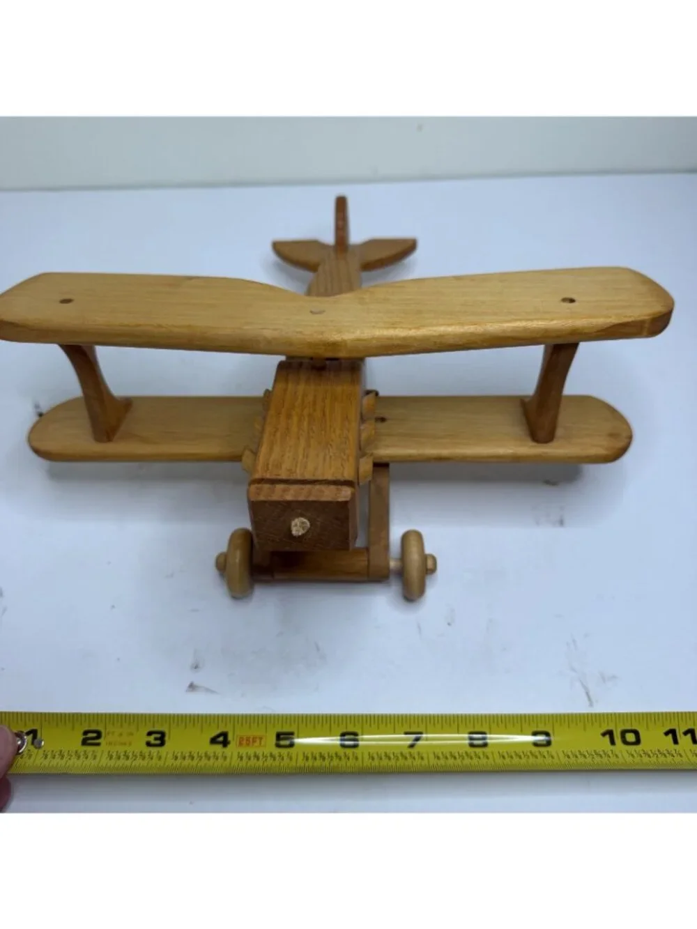 Vintage Natural Wood Handcrafted Wooden Double Wing Biplane Toy Collectible